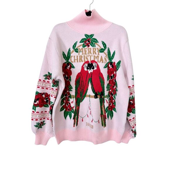 FARM Rio Merry Christmas Parrot Sweater Women’s Size L Pink Holiday Pullover - Picture 1 of 9